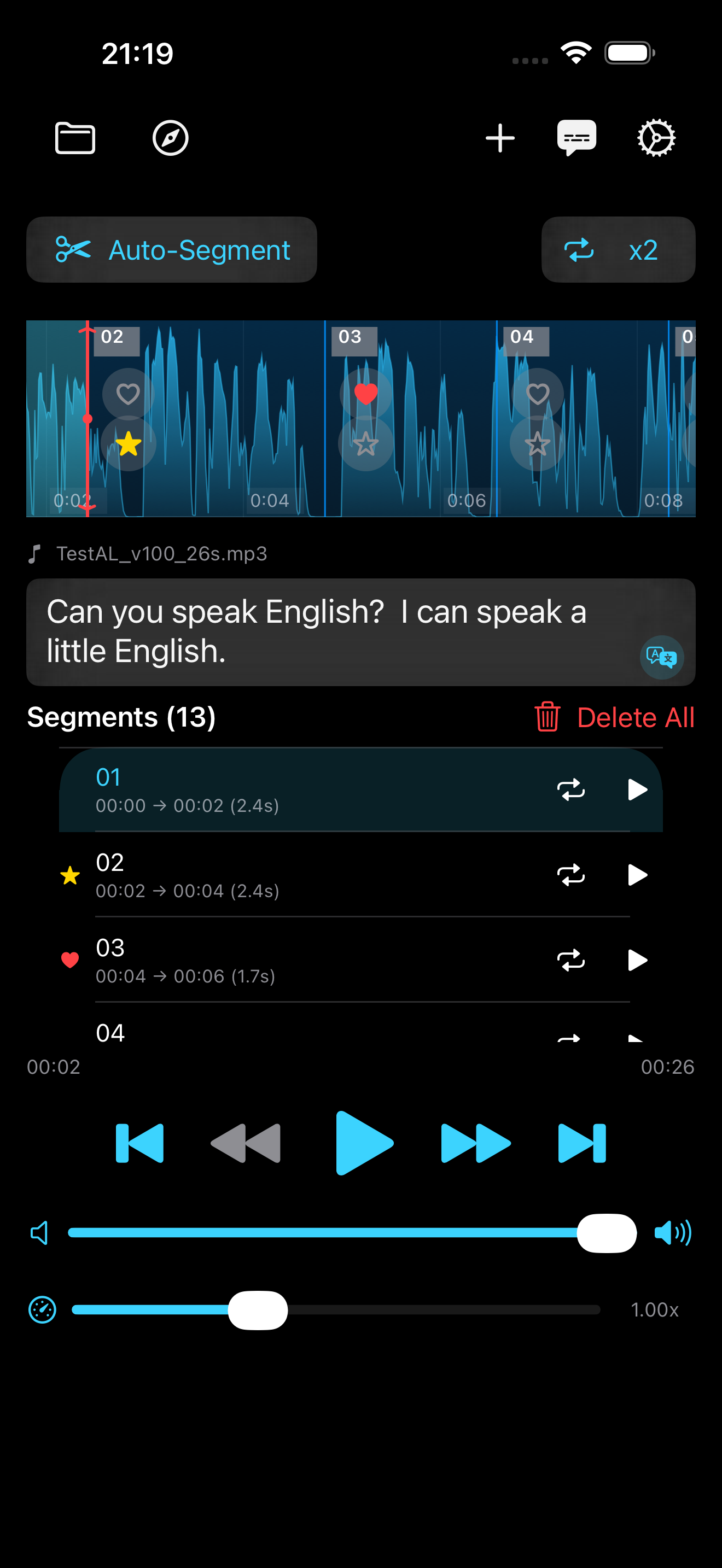 AudioLingo language shadowing practice screen showing spoken phrases for listening and pronunciation practice
