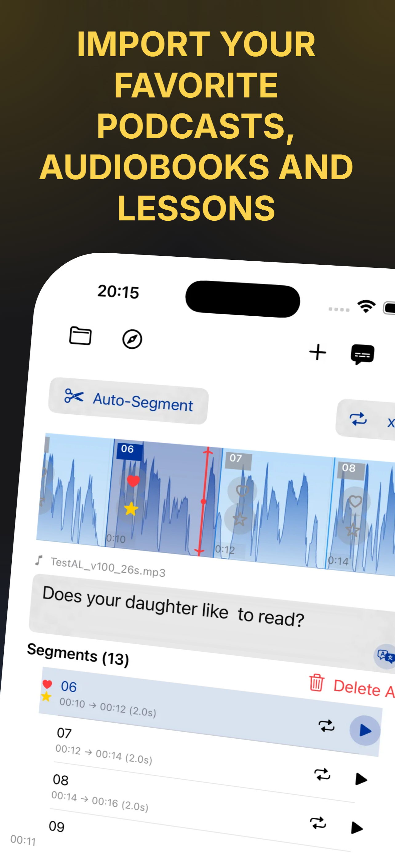 AudioLingo listen and repeat interface for language shadowing practice